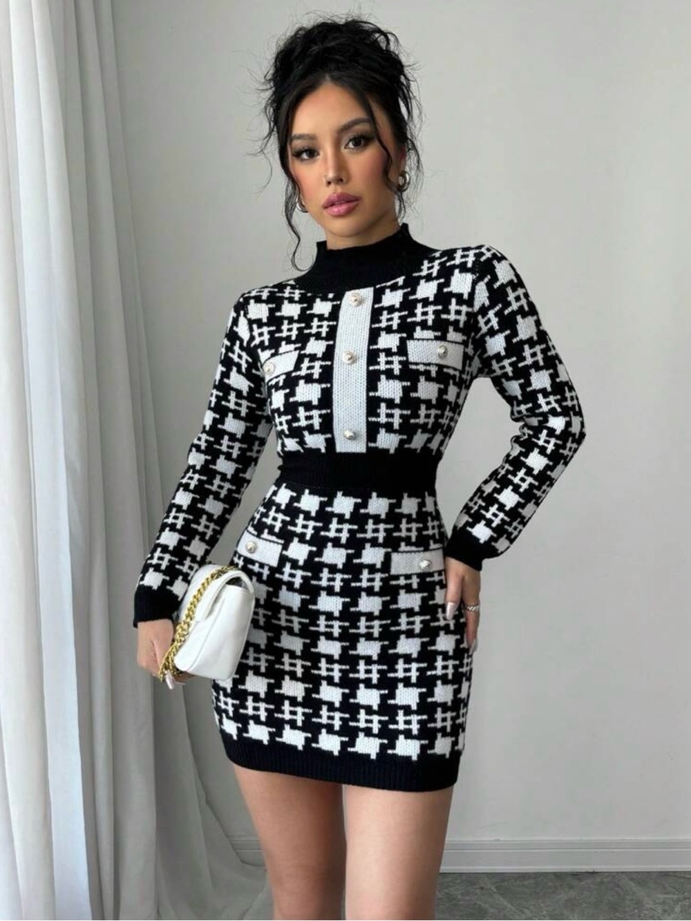 Black and White Knit Houndstooth Bodycon Dress - Picture 2 of 4